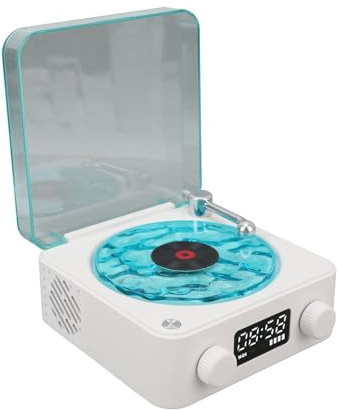 Altoparlante Bluetooth a Forma di Giradischi Vintage, Suono Stereo, Altoparlante Wireless Portatile a Quattro modalità con Orologio e Luce Ambientale per Camera da Letto, (WHITE)