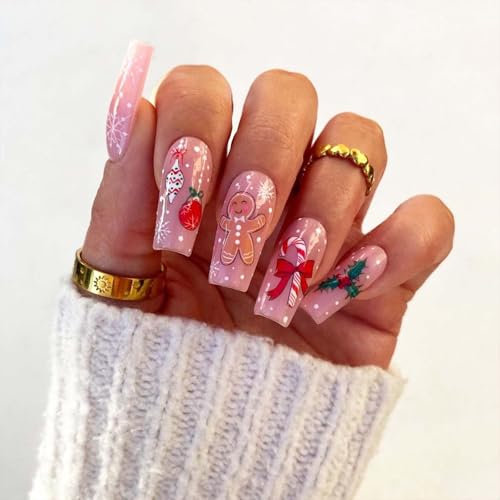 24PCS Christmas False Nails - Long Square Stick on Nails - Pink Color Christmas Style with Candy Gingerbread Man Pattern- Acrylic Nails Glossy Full Cover DIY Nails Gifts for Women