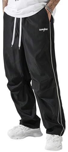 ZAFUL Herren Fallschirm-Sweathose Y2k Baggy Trainingshose Kordelzug Weites Bein Freizeithose Streetwear, 1-schwarz, X-Groß