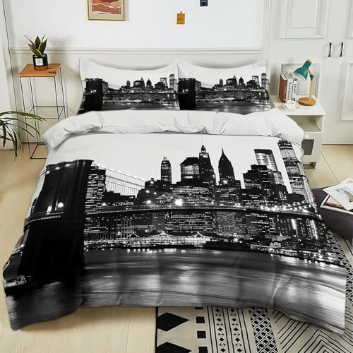 Generisch Bettwäsche-Sets 135x200 cm New York City Brooklyn Bridge Schwarz Polyester Baumwolle Bettbezug Set mit 2 Kissenbezug, 3-Teilig Bettwäsche für Schlafzimmer Dekorieren, Weich Bügelfrei