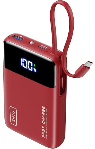 INIU Batterie Externe, 45W 20000mAh Power Bank avec USB C Câbles Intégrés, Charge Rapide Mini USB-C Powerbank pour iPhone Samsung, Travel Camping Randonnée Essentials pour Hommes et Femmes, Rouge