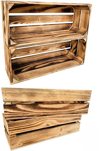 Lermowood Holzkisten Reg 4er Set 50 x 20 x 15cm Geflammt | Dekokisten aus Holz Massive Holzkiste Regalkiste Weinkiste