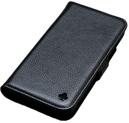 Porter Riley - Lederhülle kompatibel mit iPhone 17e / iPhone 16e. Premium Echtleder Standhülle/Ledertasche/Brieftasche mit Karten Steckfächern und Horizontale Standfunktion (Reines Schwarz)