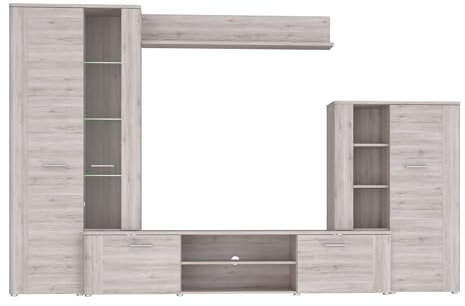 möbelando Wohnwand >Big BANG< in Sandeiche Dekor bietet modernen Stil mit 5 Türen, 6 Einlegeböden und LED-Beleuchtung. Inklusive Hochvitrine, TV-Kommode und Wandregal.