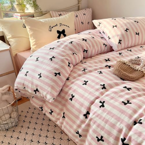 Covebett Housse de Couette 140x200 Rose et Noir Nœud Papillon Blanc Rayures | Parure de Lit Adulte 1 Personne, Housse Couette en Microfibre, Linge de lit avec Fermeture Éclair et 1 Taies d'oreiller 65x65