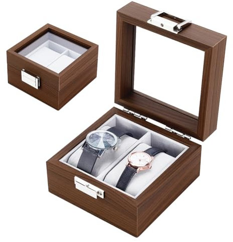 AHANDMAKER Caja de reloj de madera con 2 ranuras, caja de almacenamiento cuadrada portátil para reloj de pulsera, caja de viaje con tapa de vidrio, almohadas extraíbles para hombres y mujeres,
