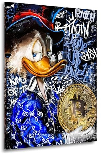 Kunstgestalten24 | Dagobert Bitcoin Graffiti Blue Style Wandbild | Leinwandbild mit Echtholz-Keilrahmen | Wandbild Gemälde Kunst Art | Hochwertige Kunstdrucke | XXL Bilder auf Leinwand | 75x100x4cm