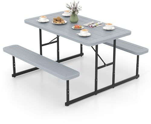 COSTWAY Picnic Table and Bench Set, Portable Camping Trestle Table Chairs with Anti-slip Pads, Outdoor Dining Table Set Furniture for BBQ Garden Patio Poolside (Grey, Unfolding, with Umbrella Hole)