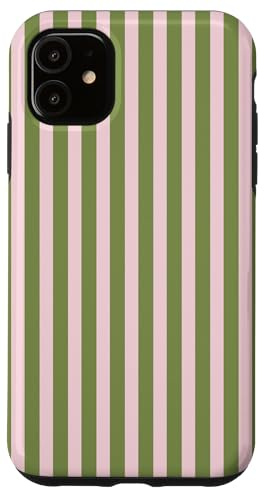 Olive Green and Pink Stripes Vertical Lines Preppy Aesthetic Case for iPhone 11