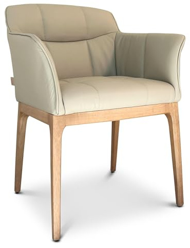 SIX Echtleder Esszimmerstuhl Armlehnenstuhl - Zeta - Design ideal für Esszimmer, Küche & Wohnzimmer - Fertig montiert, bis 150 kg - Gastronomie-Qualität (Beige Eiche)