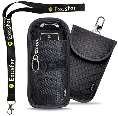 EXOSFER – Antivol Voiture : Pack 2 Étuis Anti RFID Ripstop (1 Small + 1 Medium) + 1 Tour de Cou | Protection Clé Mains Libres, Badge Télépéage | Pochette Anti Piratage Blocage RFID.
