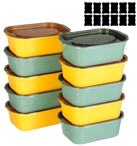 Cozary 10PCS rechteckig Frischhaltedosen, 1100ml Vorratsdosen mit Deckel luftdicht, Luftdicht, Stapelbar, Mikrowellen & Spülmaschinengeeignet, für Mealprep & Organisation (5 Gelb+5 Grün)
