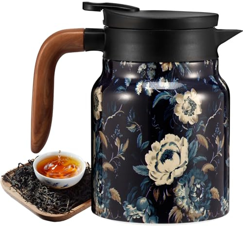 Vintage Floral Teapot, 1L Stainless Steel Thermal Tea Pot Coffee Jug with Built in Infuser and Wooden Handle for Hot Drinks, Insulated Coffee Carafe for Home Office Daily Need