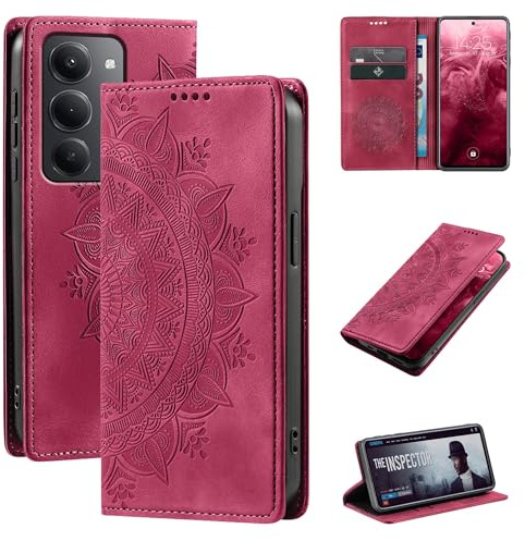 LBH Handyhülle für Xiaomi Redmi 15/15 5G Mandala Klapphülle RFID Schutz Kartenfächer Geldfach Design Cover Case Flipcase Magenta Rot