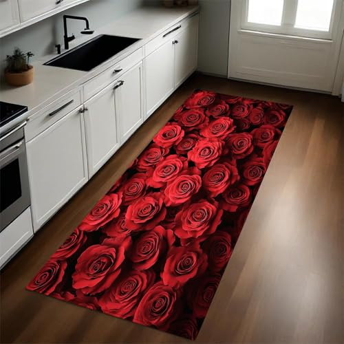 Thème Romantique Tapis de Cuisine Roses Rouges Antidérapant 50 x 150 cm Absorbant Doux Devant Évier Tapis de Sol Lavable Salon Chambre