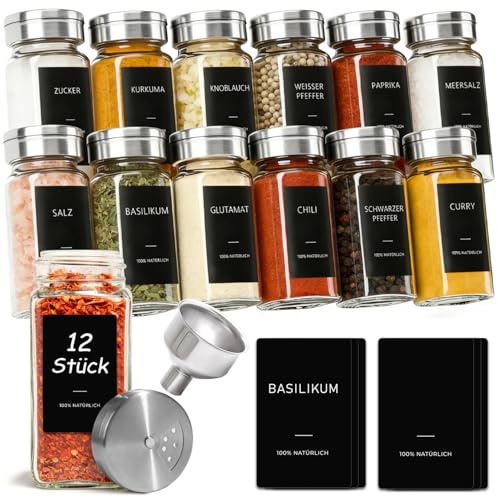 ComSaf Botes para especias de cristal 120 ml, pack de 12 con tapas | Especieros para cocina, Organizador de especias, Tapas ajustables, Etiquetas, Embudo, Especias, Cajón y despensa