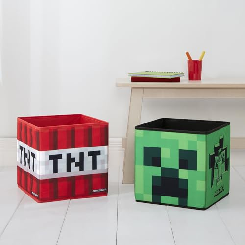 dreamtex Minecraft Storage Box 2 Pack – 30 x 30 x 30 cm Foldable Cube Storage Bins – Creeper & TNT Design – Flat-Pack Fabric Storage for Kids Bedroom, Toys & Games
