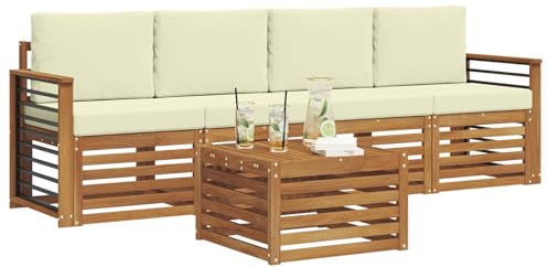 vidaXL Sofagarnituren 5 pcs Natur und Creme Massivholz Akazie, Moderne, langlebige Garten-Sofagarnitur, sectionale Möbel für Patio, Terrasse, entspannte Sitzgelegenheit