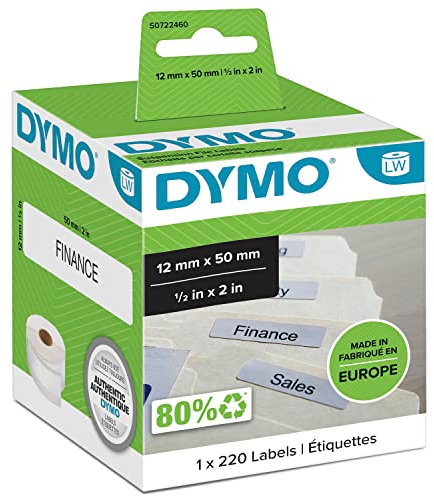 DYMO Original LabelWriter Etiketten für Hängemappen | 12 mm x 50 mm | Rolle mit 220 leicht ablösbaren Etiketten | selbstklebend | für LabelWriter Etikettendrucker und Beschriftungsgerät