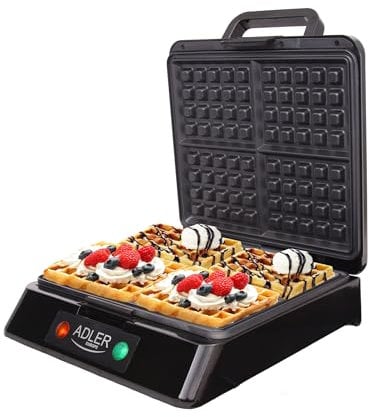 ADLER Waffeleisen, 1400 W Maximalleistung, Waffelgröße 9 x 4 cm, nicht beheizter Griff, schwarz