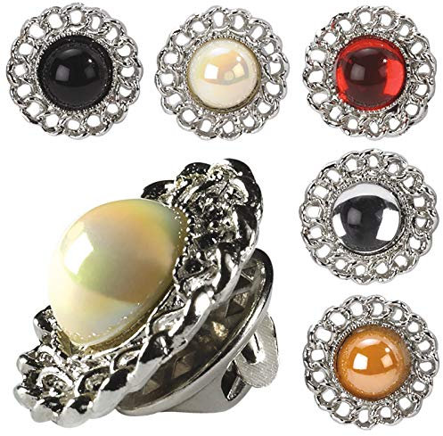 5 Instant Clip On Buttons Faux Pearl Brooches Silver Tone Scarf Cardigan Fastening Accessories