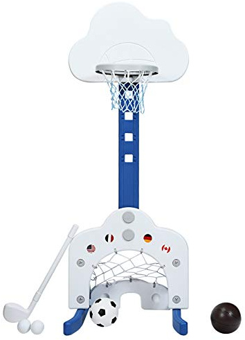 COSTWAY Soporte de Baloncesto para Niño Altura Ajustable con Portería de Fútbol y Golf Juguete Centro Actividad para Infantil