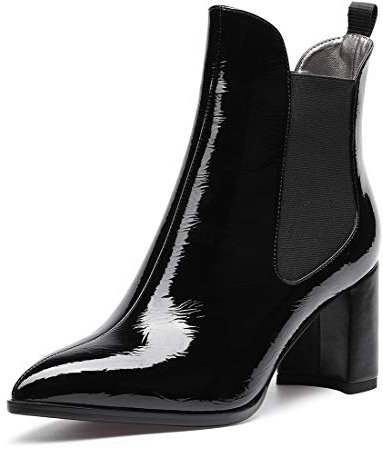 Castamere Donna Polacchine Tacco a Blocco Stivali Chelsea 7.5CM Medio Tacco Nero Pelle Verniciata Scarpe EU 44.5