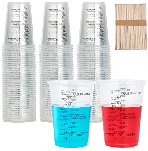 100 PACK 10 oz Plastic Measuring Cups, with 100 Wooden Mixing Sticks