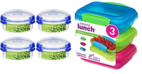 Sistema KLIP IT PLUS Round Food Storage Containers | 300 ml Stackable & Airtight Fridge/ 4 Count & Lunch Food Storage Containers | 200 ml | Small Snack Pots | BPA-Free Plastic | 3 Count