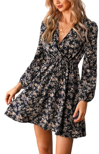 CUPSHE Women's V Wrap Dress Neck Ditsy Floral Mini Dress Long Sleeve A Line Dress Surplice Short Dress Black XL