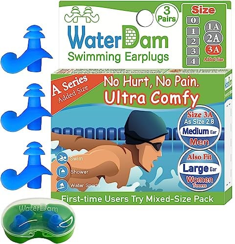 WaterDam Swimming Earplugs Ultra Comfy Great Waterproof Swim Earplugs Prevent Swimmer'sEar (Size 3A+3A+3A: Medium Ear Men & Large Ear Teens&Women (BlueBlueBlue))