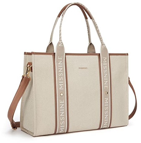 Missnine Sac Cabas Femme pour Ordinateur Portable 15,6 Pouces Porte-Documents, Grand Format Sacoche Sac à Main des Courses Travail Scolaire Lettre en Toile, Marron+Beige