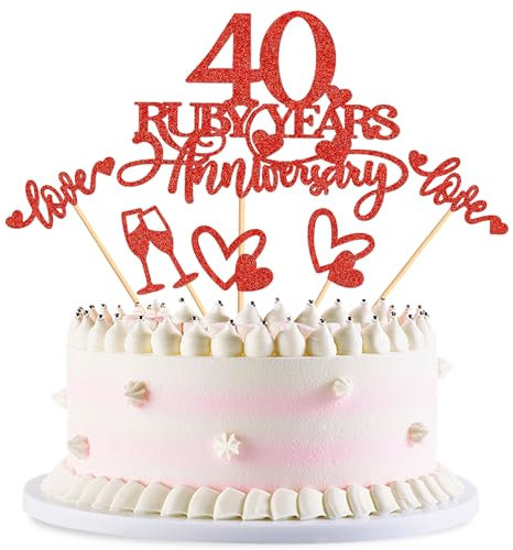 Blumomon 25Pcs 40th Anniversary Cake Toppers Ruby Weddding Anniversary Heart Cake Decoration for 40 Years and Love Celebration Party Supplies