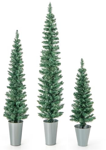 COSTWAY Potted Artificial Christmas Tree Set of 3, Slim Pencil Xmas Trees with 3FT/4FT/5FT Faux Trees and Silver Metal Buckets, Holiday Entrance Tree for Porch Festive Decoration (Green)