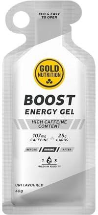 GOLDNUTRITION BOOST ENERGY GEL 40g (CAJA 16 UNIDADES) | GEL ENERGÉTICO CON 107 MG DE CAFEÍNA Y 25 GRAMOS DE CARBOHIDRATOS| IDEAL PARA DEPORTES DE RESISTENCIA (SIN SABOR)