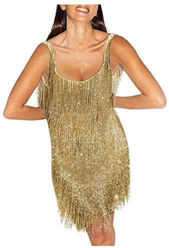 Abito con frange, argento/oro/viola, abito da discoteca anni '20, da donna, senza maniche, con spalline e brillantini, da donna, per feste, da cocktail, gold, L