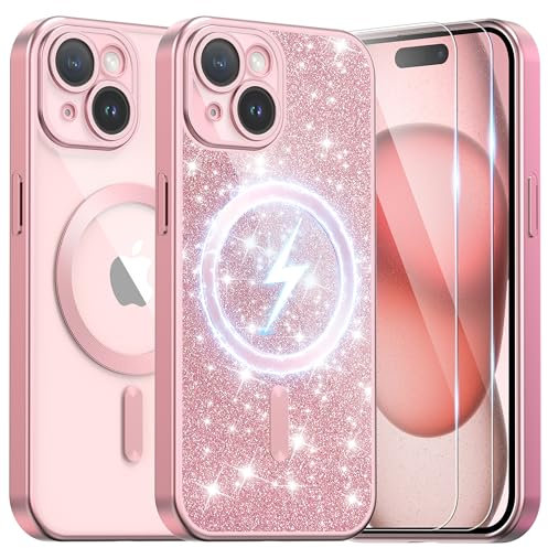 Ethanger for iPhone 15 Case with 2 Screen Protector Compatible with MagSafe, Magnetic Cover Shockproof Frosted Bumper with Glitter Card and Wrist Strap for Women Girls, Titanium Pink