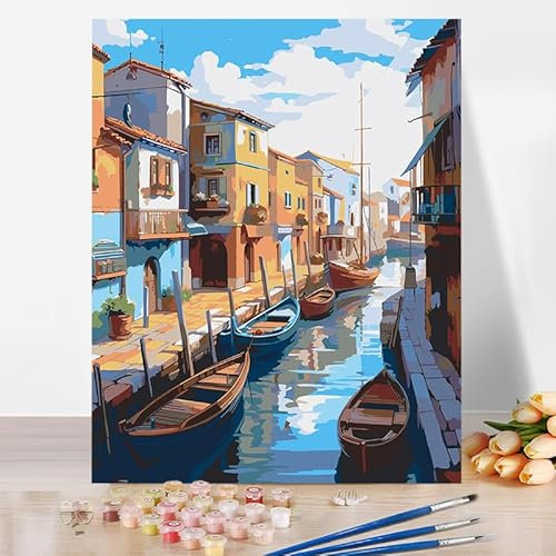 Malen nach Zahlen Erwachsene Venedig Wasserstadt Landschaft Muster DIY Öl Leinwand Gemälde Set Anfänger ältere Acrylpigment Malen Malerei kreatives Geschenk Home Haus Deko 40x50cm (Ohne Rahmen)