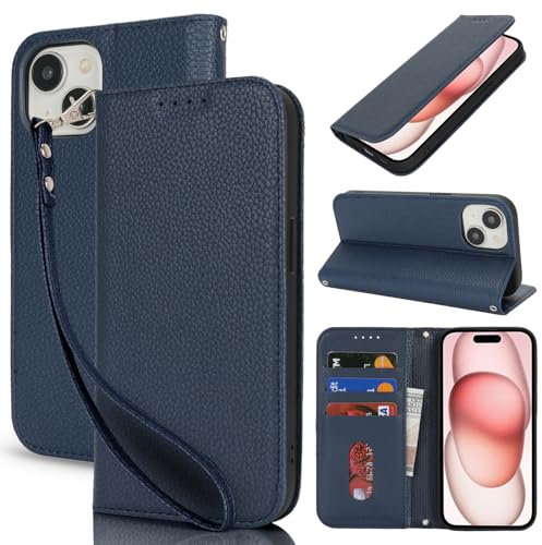 Lipvina Handyhülle für iPhone 15.Premium PU-Leder Handyhülle mit Kartenfach,Standfunktion,RFID-Schutz.Klapphülle und Handytasche aus lederhülle,kompatibel für das iPhone 15,Blau