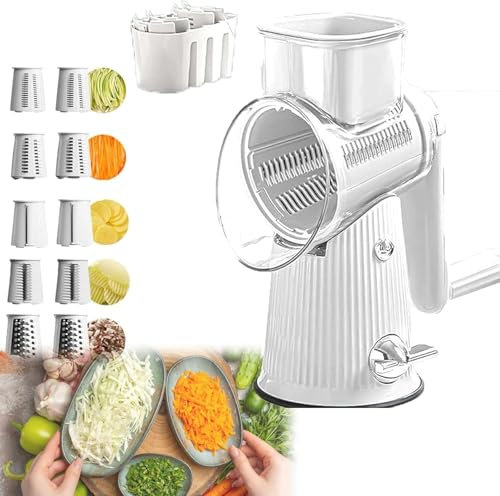 Cheese Grater Rotary Shredder, 5 in 1 Hand Crank Vegetable Slicer with 10 Interchangeable Blades and Handle and Storage Box for Potato, Carrot, Cheese, Chocolate, Vegetable (Milky White)