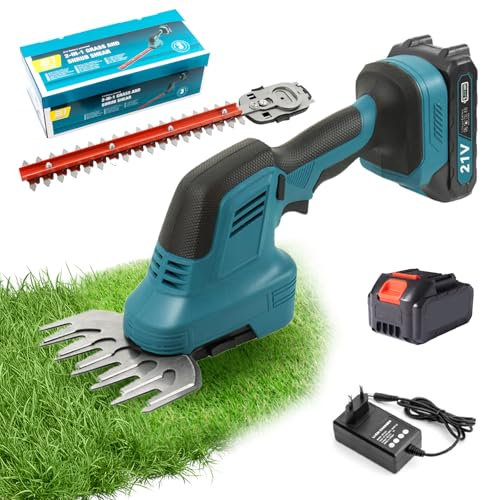 CALISTOUK Cortasetos Electrico 2 en 1, 21V Cortasetos Bateria Podadora Electrica 18500RPM Tijeras de Césped con Batería de 1500mAh y Cargador para Jardín Patio Césped
