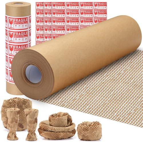 Honeycomb Packing Paper 30CM X 60M Moving Suppliers Bubble Cushioning Wrap Paper Roll for Moving/Shipping/Packing with 80 Fragile Sticker Protective Eco Friendly & Recyclable (30CMX60M)