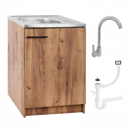 Möbel Spüle mit Unterschrank 60 cm Eiche Gold Küchenspüle 1-Kammer & Edelstahl-Spülbecken kompakter Spülenunterschrank für Küche, Standschrank 50cm Tiefe Siphon Montagefertig