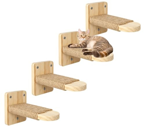 4 st kattrappa, vägg, klättervägg, katter av massivt ek, klättring kattstege för katter upp till 12 kg, klättervägg, kattmöbler med juterep, väggmontering kattmöbler för katt, klättring, lek