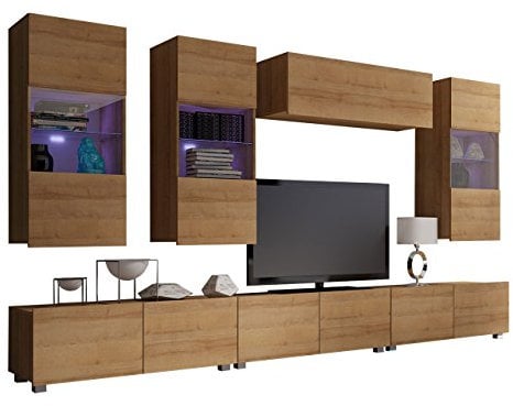 Moderne Wohnwand Calabrini XI, Anbauwand, Hängevitrine, TV Lowboard, Wandregal, Mediawand, Wohnzimmerschrank, Fernsehschrank (ohne Beleuchtung, Eiche Gold)