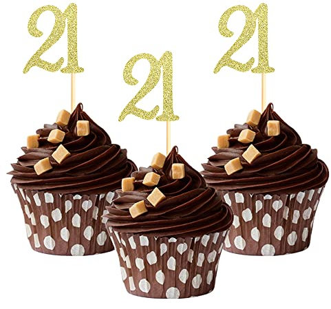 Sumerk 24PCS 21 Cupcake toppers Gold Glitter 21th Birthday Cupcake Picks Anniversary Party Decorations