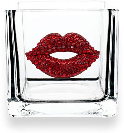 THE QUEENS' JEWELS Kerzenhaltervase mit roten Lippen, 10 x 10 cm, einzigartiges Geschenk für Frauen, Geburtstag, niedlich, lustig, nicht bemalt, verziert, glitzernd