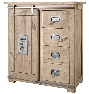 MASSIVMOEBEL24.DE|Sideboard aus Mangoholz Massivholz lackiert Farbe beige mit Used-Optik, Metallapplikationen im Industrial Look Stauraummöbel für Wohnzimmer, Ablage und Ordnung Massivholz Möbel