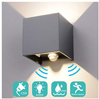 Midore 12W LED Wandleuchte mit Bewegungsmelder Aussen/Innen IP65 Einstellbarer Lichtstrahl Außenbeleuchtung 1000lm Aluminum Up Down Wandlampe für Hof Balkon Treppenhaus Garage 4000K
