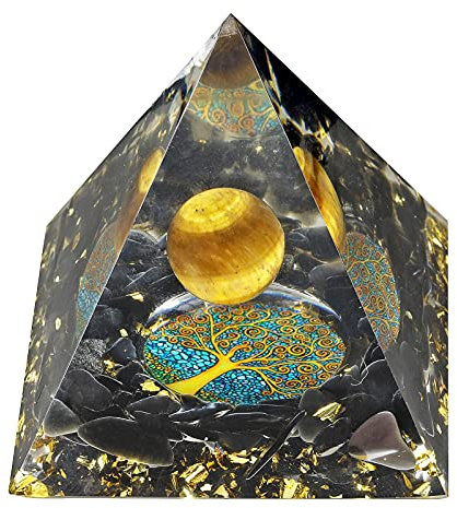 KYEYGWO Positive Energie Pyramiden Stein mit Reiki Heilung Tigerauge Kristall Kugel und Baum des Lebens, Chakra Kristallpyramide Obsidian Heilstein Pyramide Desktop Ornament Haus Dekoration